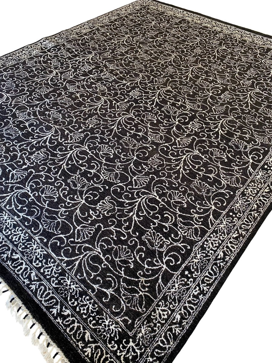 Black & White Floral Silk Rug - Size: 10.2 x 8.2 - Imam Carpet Co. Home