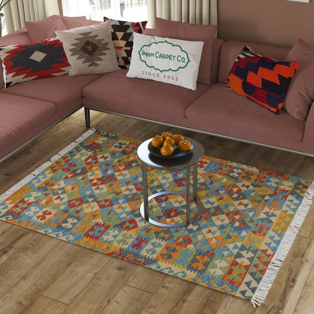 Colourful Bohemian Kilim - Size: 4.10 x 3.5 - Imam Carpets - Online Shop